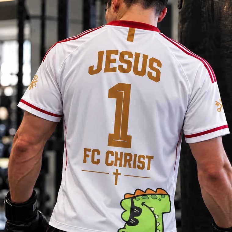 Un t-shirt blanc vu de dos dans une salle de boxe, avec un crocodile à lunettes imprimé en bas du dos.