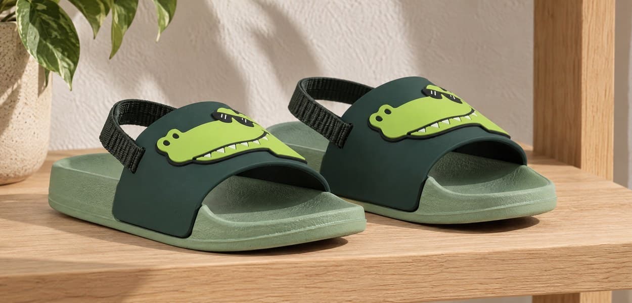 Une paire de Crococlaquettes posée sur une étagère en bois clair, à côté d’une plante verte.
