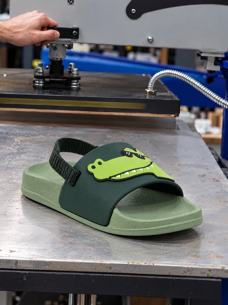 Une Crococlaquette posée sur l’établi de l’atelier, sous une presse, crocodile à lunettes sur la bride.